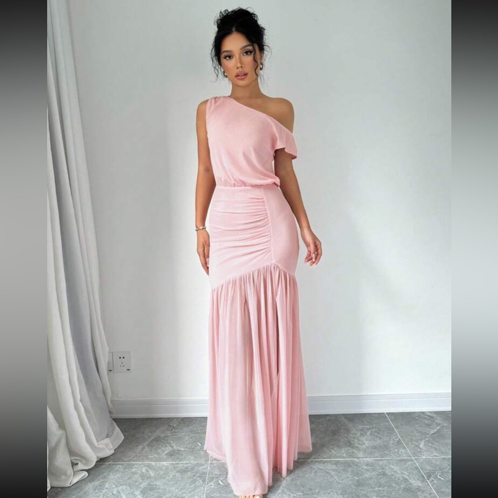 Summer Elegant Solid Color High Slit Oblique Shou… - image 2